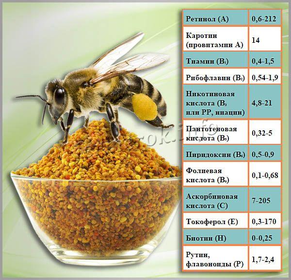 Содержание витаминов в 100 г пчелиной обножки, мг